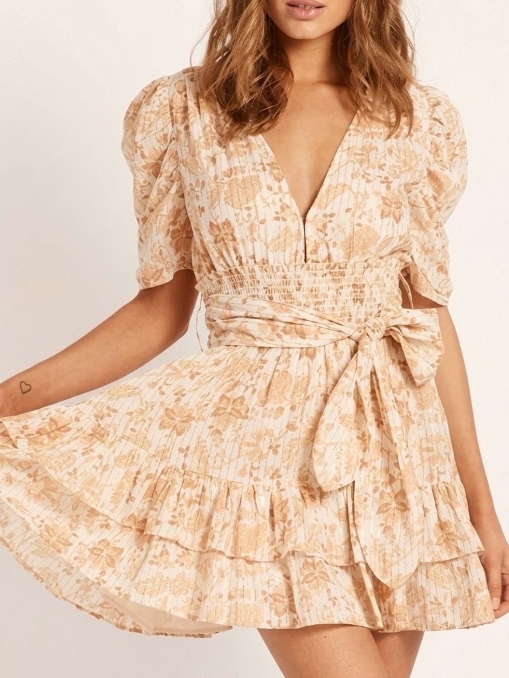 Cleobella Amarie Mini Dress Small Cream Floral Gold Metallic Cotton Puff Sleeve